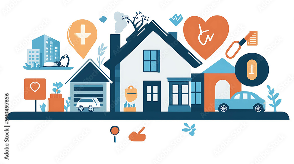 Colorful illustration of a suburban house with cars, plants, and symbols of home, health, and safety. Colorful illustration of a suburban house with cars, plants, and symbols of home, health, and safety.