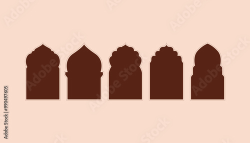 Ramadan Illustration Set. Collection of Oriental-style Islamic Ramadan Kareem with Modern Designs, Mosque Doors, Mosque Domes, and Mosque Windows.