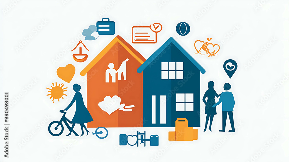 Colorful illustration of two houses, a bicycle, and people. Colorful illustration of two houses, a bicycle, and people.