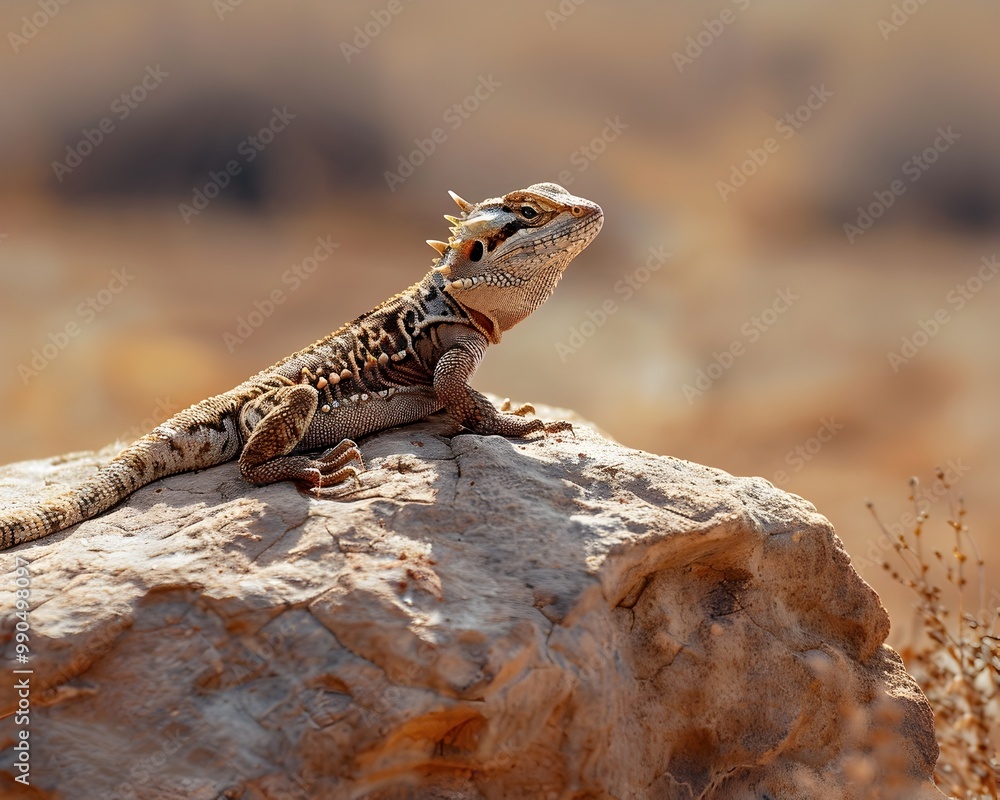Horned Lizard Sunning on Flat Rock in Arid Desert Landscape with Camouflage Horned Lizard Sunning on Flat Rock in Arid Desert Landscape with Camouflage