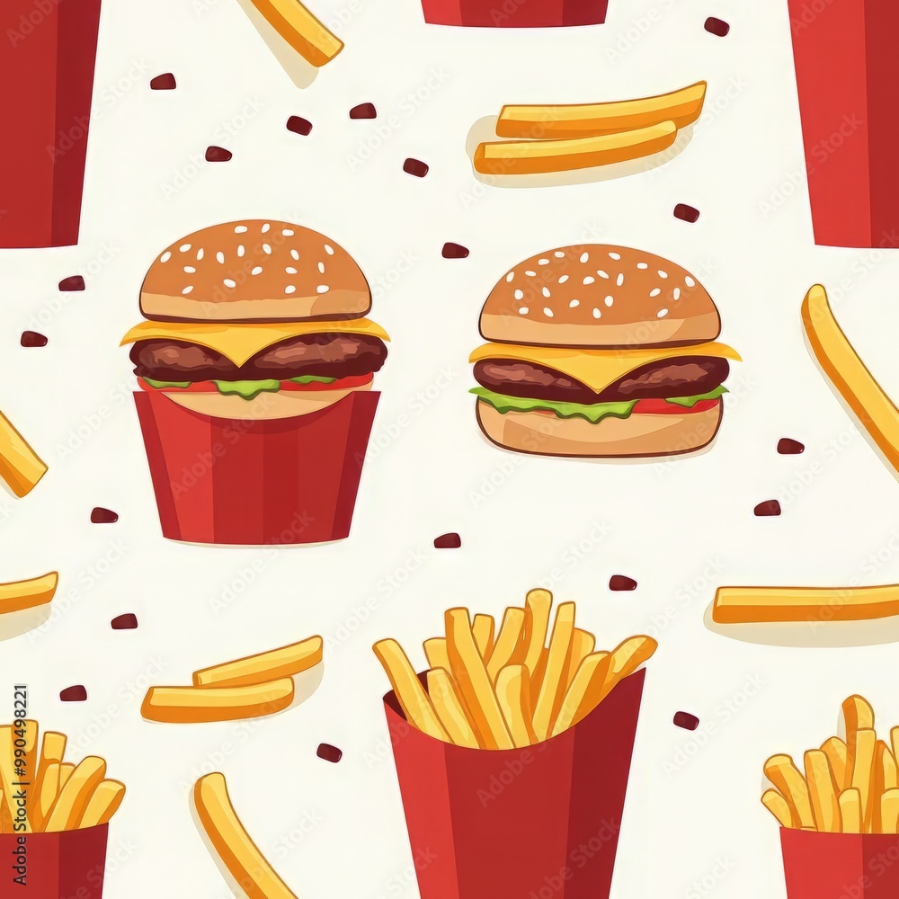 A fun and colorful Seamless pattern featuring burgers and fries, perfect for food lovers and fast-food enthusiasts. A fun and colorful Seamless pattern featuring burgers and fries, perfect for food lovers and fast-food enthusiasts.