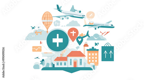 Colorful illustration of travel and tourism with airplanes, hot air balloons, and landmarks.