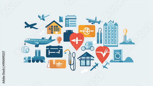 A  collection of flat icons on a light blue background, including travel, healthcare, and home items.