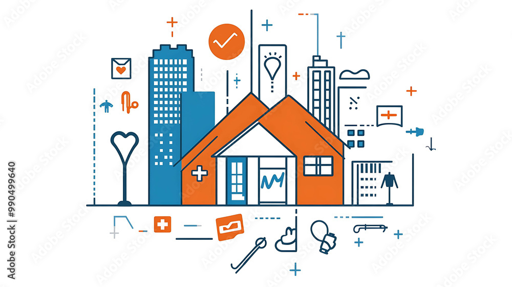 Line art illustration of a city with buildings, a house, and icons. Line art illustration of a city with buildings, a house, and icons.