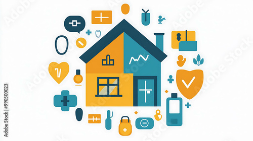 Illustration of a house with icons surrounding it representing technology, safety, and health.