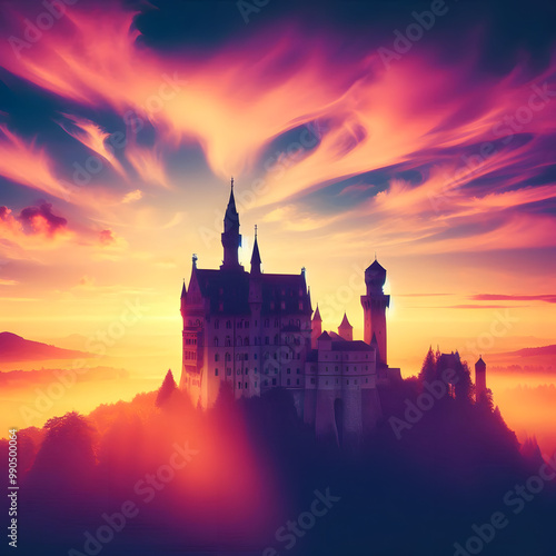 silhouette of castle on sunset