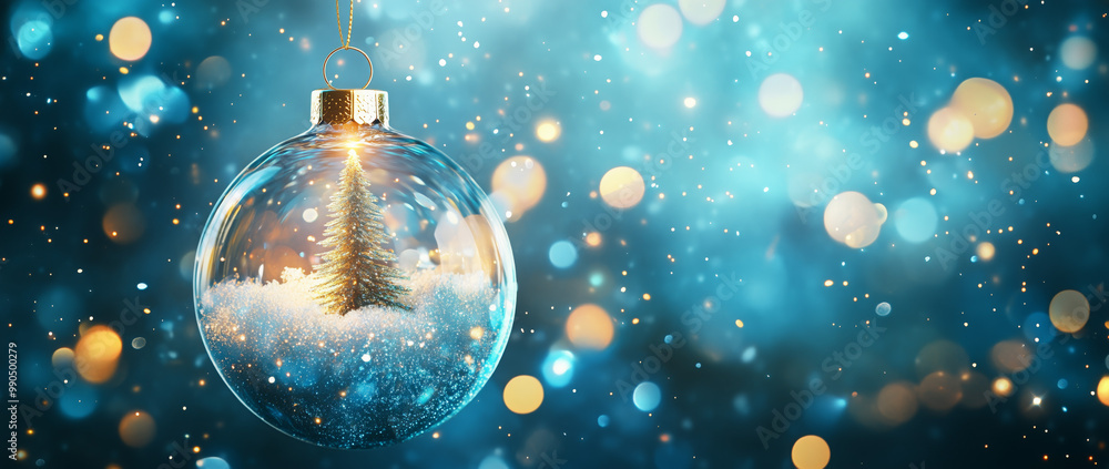 A glass Christmas ornament containing a tiny, illuminated Christmas tree surrounded by snow, set against a festive bokeh background. A glass Christmas ornament containing a tiny, illuminated Christmas tree surrounded by snow, set against a festive bokeh background.