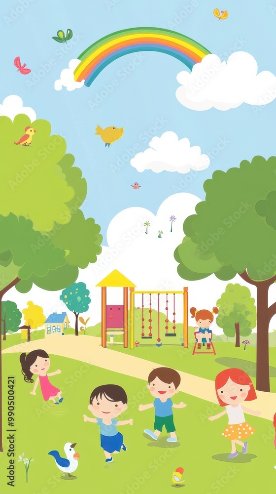 Kids are joyfully swinging and running in a lively park filled with trees and a rainbow Kids are joyfully swinging and running in a lively park filled with trees and a rainbow