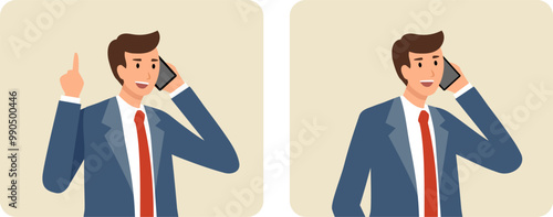スマートフォンで通話するスーツ姿の男性のフラットなベクターイラスト画像