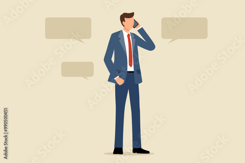 立ってスマートフォンで通話するスーツ姿の男性のフラットなベクターイラスト画像