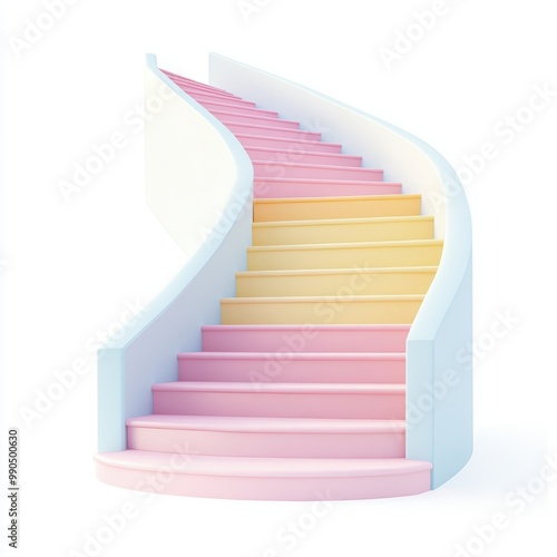 A whimsical spiral staircase featuring a gradient of pastel colors, blending pinks and yellows for a playful aesthetic.