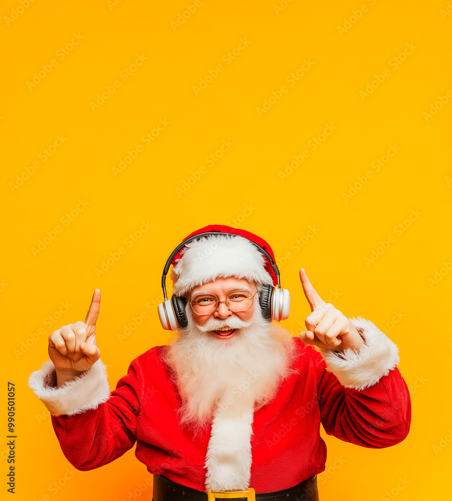 Santa Claus wearing headphones and pointing upwards with both hands against a yellow background. Fun and modern Christmas celebration concept. Design for holiday greeting cards, banners, posters Santa Claus wearing headphones and pointing upwards with both hands against a yellow background. Fun and modern Christmas celebration concept. Design for holiday greeting cards, banners, posters