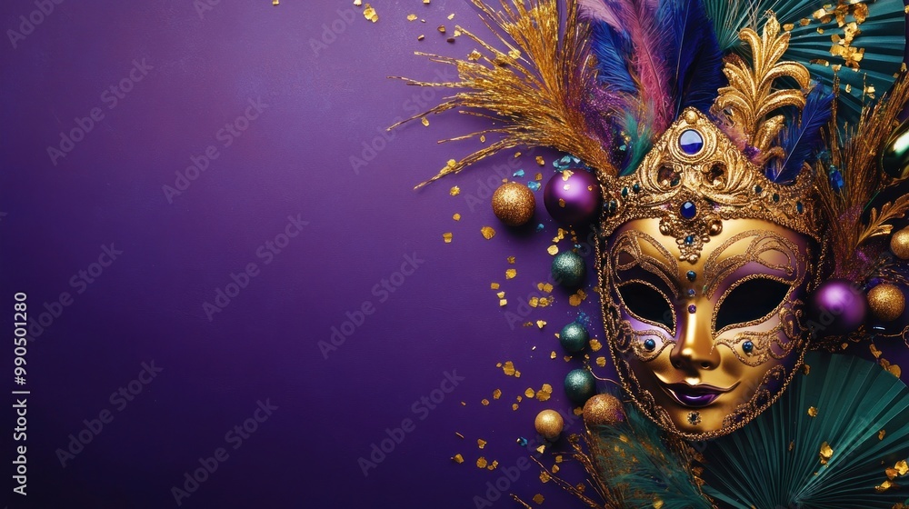 Golden masquerade mask with feathers, baubles, and confetti on a purple background. Golden masquerade mask with feathers, baubles, and confetti on a purple background.