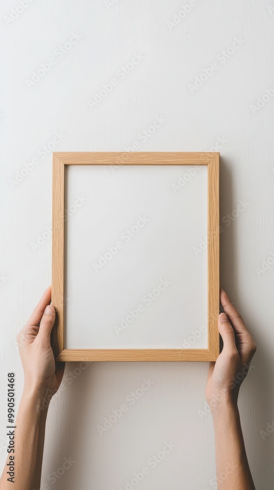 Minimalist wooden A4 frame mockup held by hands, isolated on a clean white background, perfect for design presentations. Minimalist wooden A4 frame mockup held by hands, isolated on a clean white background, perfect for design presentations.
