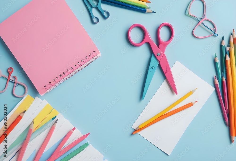 Assorted school and office supplies on a light blue background, including scissors, pencils, pens, paper clips, and other stationery items Assorted school and office supplies on a light blue background, including scissors, pencils, pens, paper clips, and other stationery items