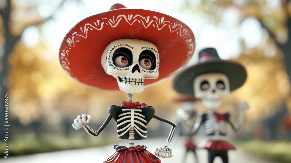 Fototapeta premium Colorful Skeletons Dressed for Celebration in Nature