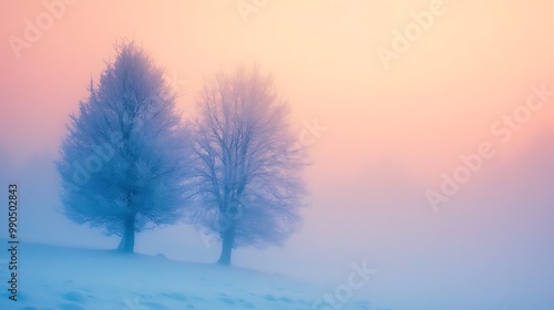 Lonely Tree in Foggy Winter Landscape