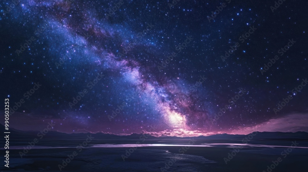 Fototapeta premium Night sky with the Milky Way over a calm lake with mountains in the distance.