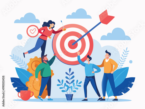 Team Achievement and Goal Setting. illustration of a diverse team of employees working together to push a large target or goal upward. The design symbolizes collective effort, goal achievement