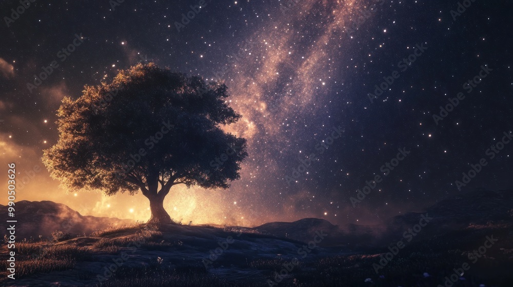 A lone tree stands silhouetted against a vibrant night sky filled with stars and a glowing Milky Way, creating a sense of wonder and awe. A lone tree stands silhouetted against a vibrant night sky filled with stars and a glowing Milky Way, creating a sense of wonder and awe.