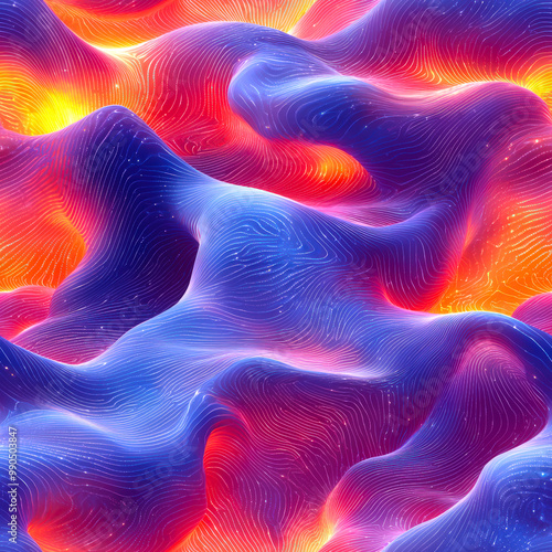 A soft cosmic background. Abstract blue-violet-pink waves. Futuristic seamless pattern. Bright colors and wavy lines create an impression of movement and energy photo