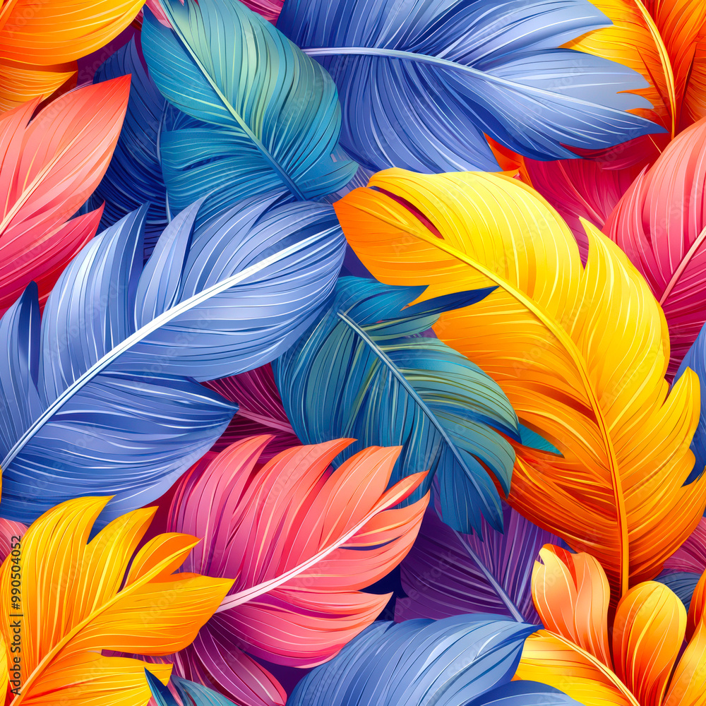 Obraz premium Colorful bird feathers. Seamless feather pattern. A colorful image with lots of colorful feathers. Various shades of blue, pink, yellow, green and orange. A stylish backdrop for the design