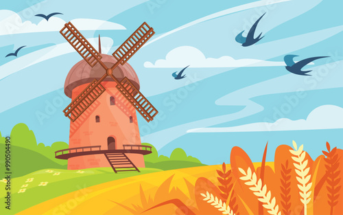 Cartoon windmill landscape. Rural wind mill in farm wheat cereal field, traditional old europe windmills countryside nature sky background, wind energy neat vector illustration