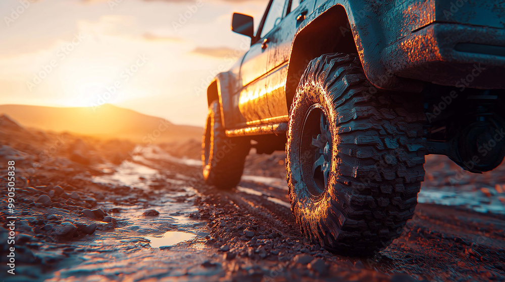 Tough Terrain, Off-Road Tires Kicking Up Dust on a Desert Road at Sunset Tough Terrain, Off-Road Tires Kicking Up Dust on a Desert Road at Sunset