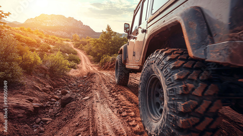 Desert Adventure, Off-Road Vehicle Tires on a Rugged Trail at Sunset