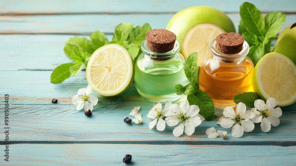 Two bottles of essential oils sit on a wooden surface adorned with apple slices, lime halves, and fresh mint leaves, creating a refreshing and aromatic ambiance Two bottles of essential oils sit on a wooden surface adorned with apple slices, lime halves, and fresh mint leaves, creating a refreshing and aromatic ambiance