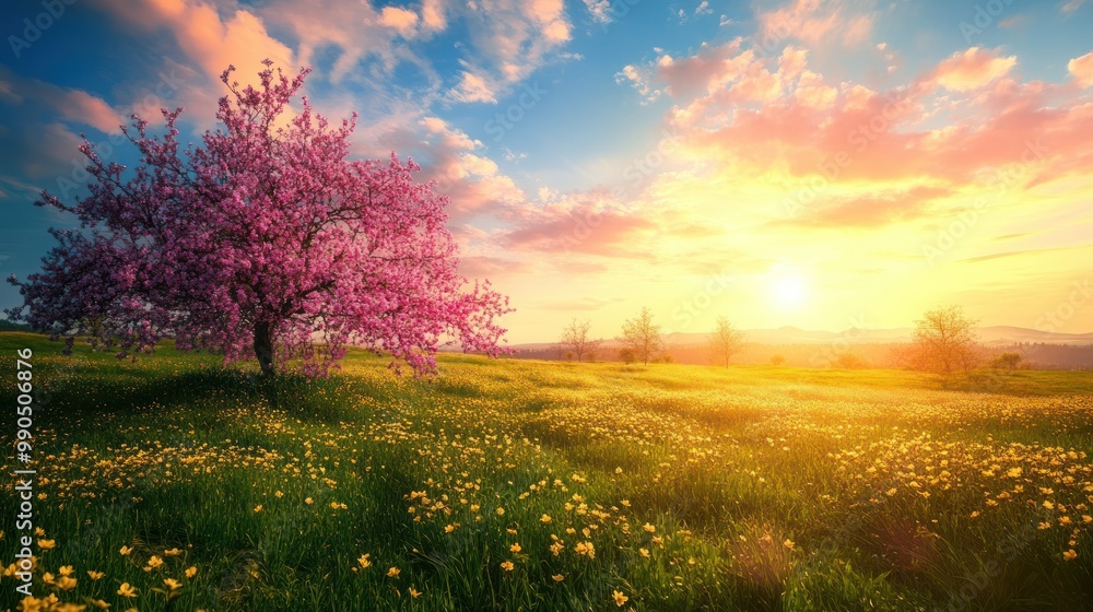 A blooming pink tree stands in a field of yellow wildflowers against a vibrant sunset sky. A blooming pink tree stands in a field of yellow wildflowers against a vibrant sunset sky.