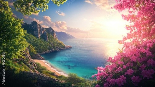 Scenic view of a secluded beach with lush greenery, turquoise water, and pink flowers blooming at sunset.