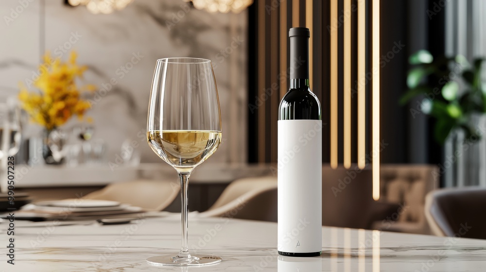 Elegant Wine Bottle and Glass in Modern Setting Elegant Wine Bottle and Glass in Modern Setting