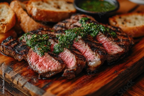 Juicy grilled steak with chimichurri sauce and toasted bread photo