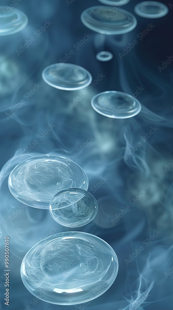 A 3D abstract design of spinning, translucent discs in various sizes, all emitting a soft blue glow. These discs hover in a cloud-like environment, their light reflecting off an ethereal fog. A 3D abstract design of spinning, translucent discs in various sizes, all emitting a soft blue glow. These discs hover in a cloud-like environment, their light reflecting off an ethereal fog.