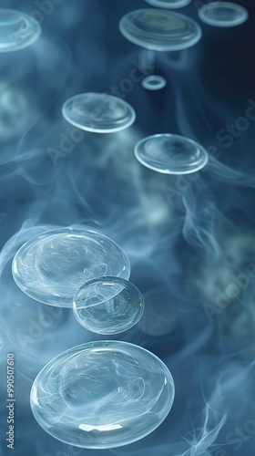 A 3D abstract design of spinning, translucent discs in various sizes, all emitting a soft blue glow. These discs hover in a cloud-like environment, their light reflecting off an ethereal fog.