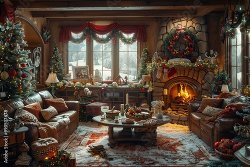 Cozy Living Room with Christmas Tree and Twinkling Lights Holiday Warmth and Festive Decor