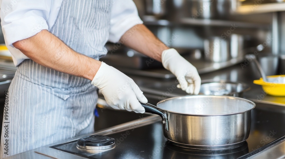 A chef in a striped apron and gloves stirs a pot on the stove, focusing intently on the dish being prepared in a bustling restaurant kitchen A chef in a striped apron and gloves stirs a pot on the stove, focusing intently on the dish being prepared in a bustling restaurant kitchen