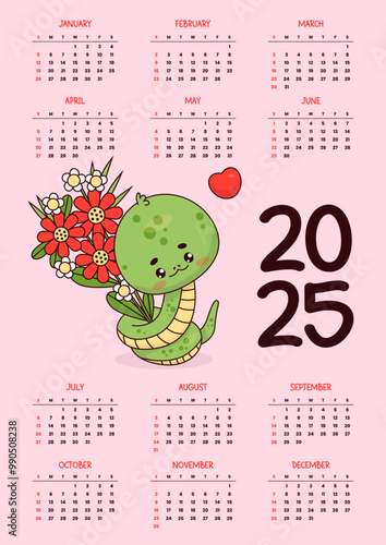 2025 annual calendar. Cute snake character with bouquet flowers on pink. Vector vertical template 12 months in English. Week starts Sunday. 2025 year snake according to eastern calendar. Stationery