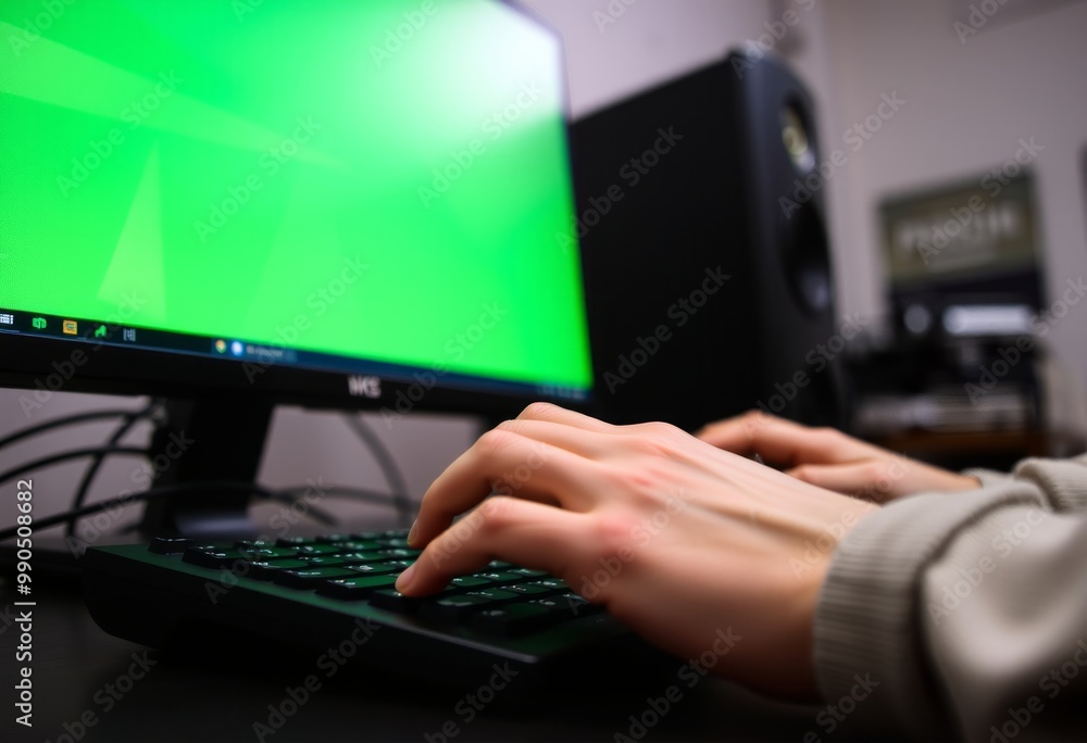 Close up of a person with glasses typing on a keyboard in front Close up of a person with glasses typing on a keyboard in front