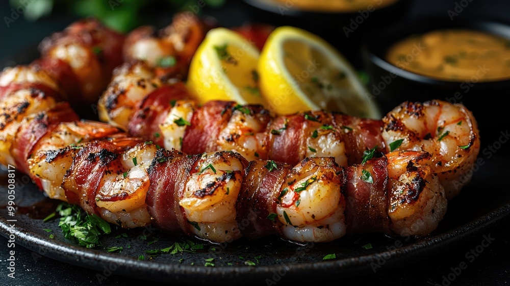 Grilled shrimp wrapped in bacon with lemon garnish Grilled shrimp wrapped in bacon with lemon garnish