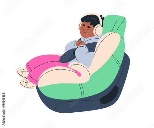 Baby sleeping in kids car seat, fastened with safety belt. Cute black child passenger sitting in protective chair, protected while road travel. Flat vector illustration isolated on white background