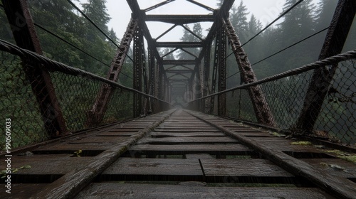 The old wooden bridge stretches over a fog-covered ravine, its weathered planks reflecting the serene atmosphere of a misty morning in the forest