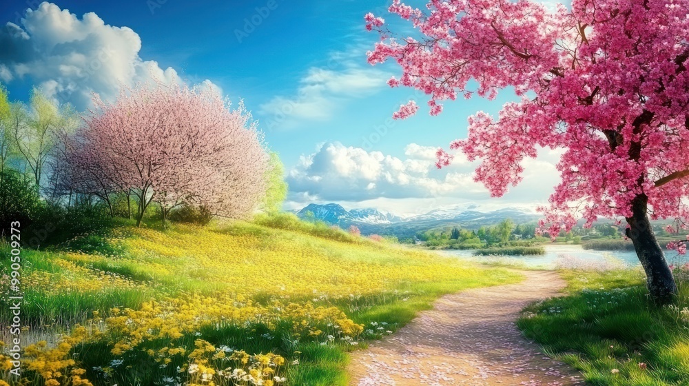 A scenic path winds through a field of wildflowers, with a flowering tree and mountains in the background. A scenic path winds through a field of wildflowers, with a flowering tree and mountains in the background.