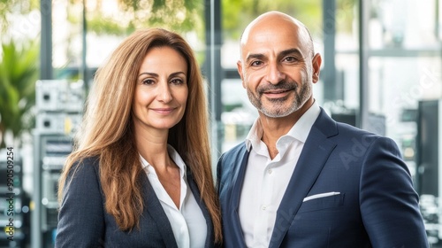 Two business partners stand confidently in a stylish office filled with natural light, showcasing professionalism and collaboration in their environment