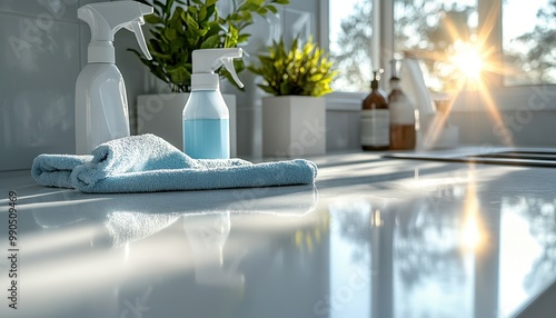 A clean kitchen countertop with spray bottles and a cloth, illuminated by sunlight, showcasing a fresh and tidy ambiance.