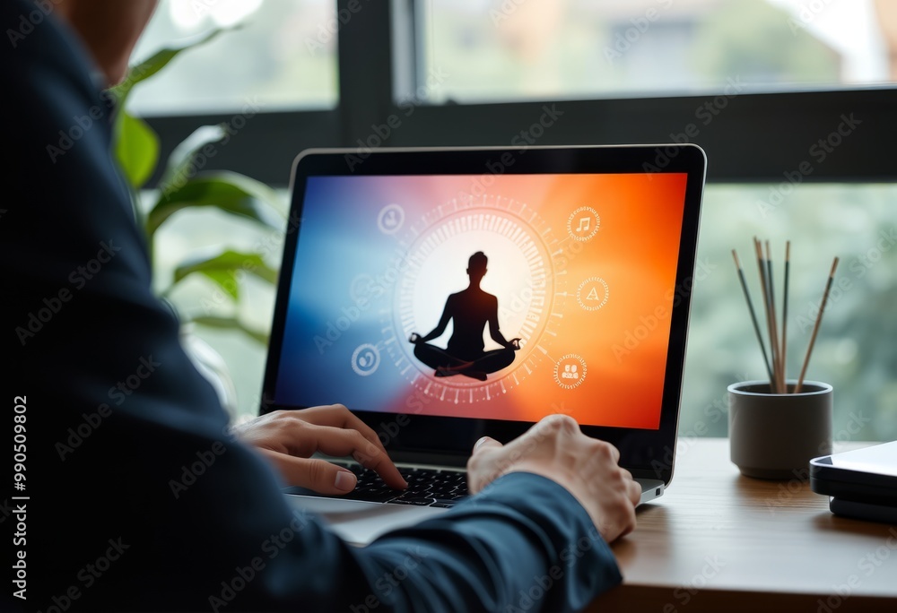 Businessman using laptop with virtual screen for virtual meditat Businessman using laptop with virtual screen for virtual meditat