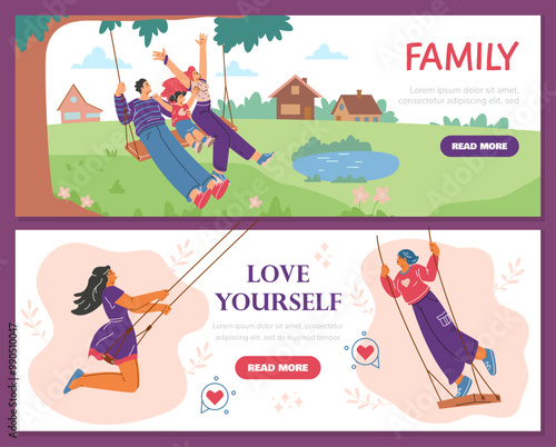 A set of vector illustrations with family and girls having fun on a swing