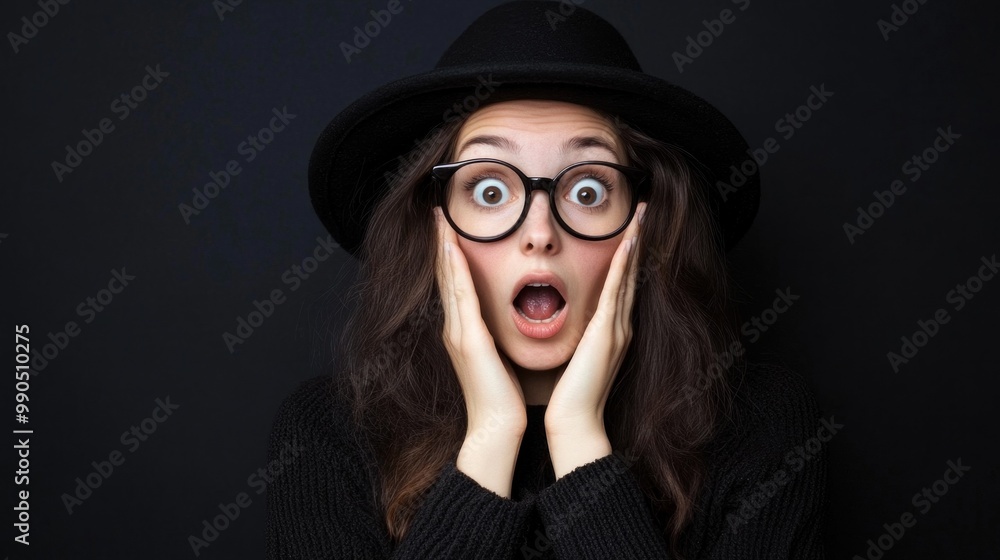 A young woman expresses shock and surprise with wide eyes, wearing stylish glasses and a black hat. She stands against a solid dark backdrop, enhancing her dramatic reaction A young woman expresses shock and surprise with wide eyes, wearing stylish glasses and a black hat. She stands against a solid dark backdrop, enhancing her dramatic reaction