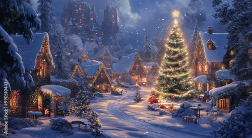 Snowy Christmas Village with Lit Tree and Cozy Cabins